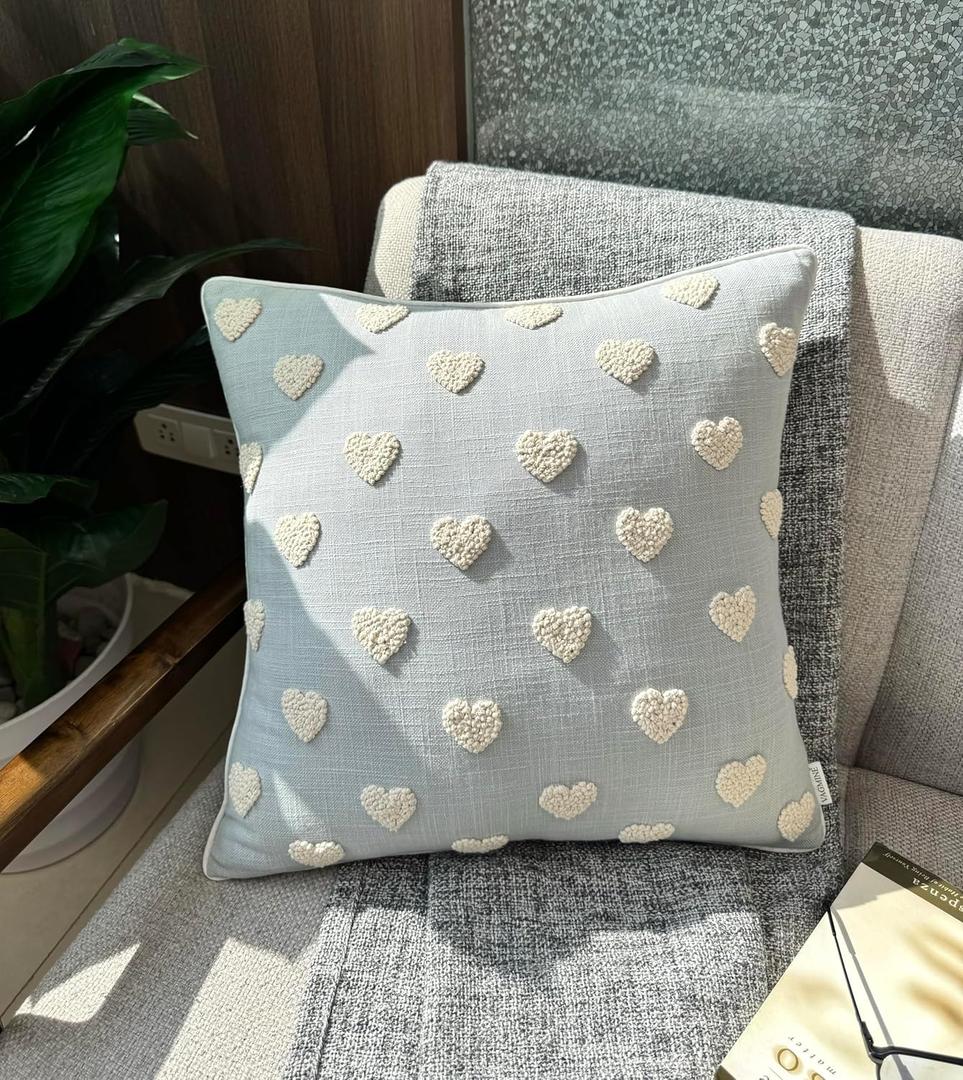 VAGMINE Hand Embroidered Valentines Day Gift Throw Pillow Cover - 18x18 Robins Egg Cotton - French Knotted Hearts