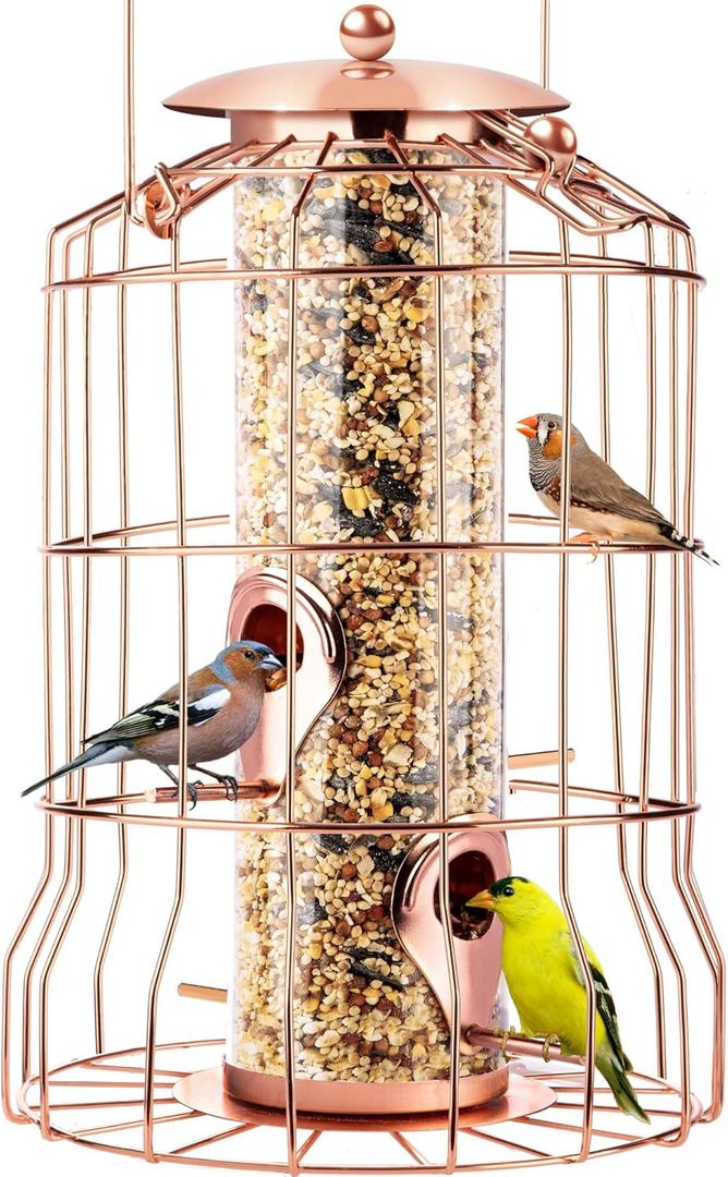 Squirrel Proof Bird Feeder for Outdoors Hanging (Metal Rose Gold) Bird Feeder with 4 Ports, Chew-Proof & Weather Resistant, Backyard Gift