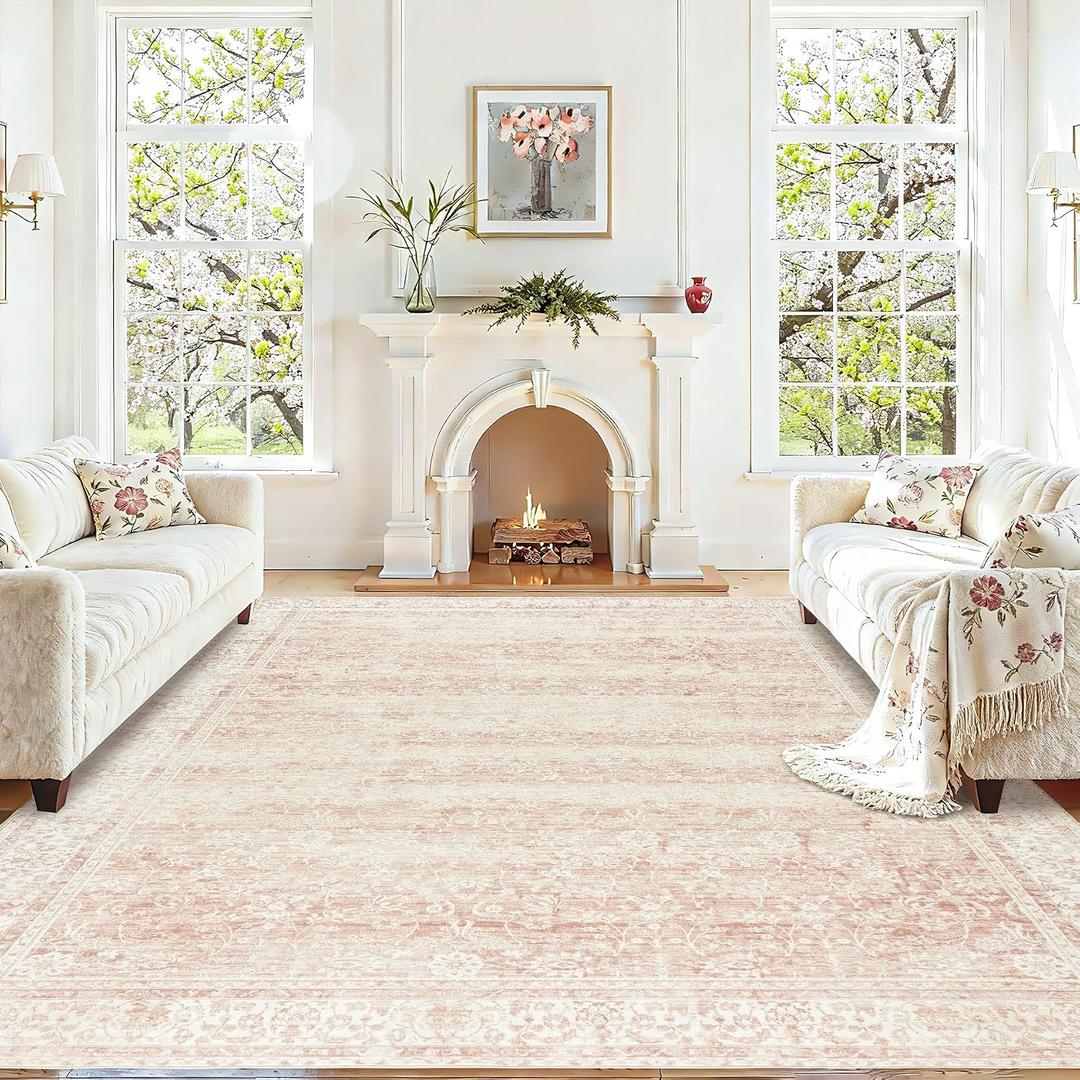 BILEEHOME Pink Washable 9x12 Area Rugs for Living Room Big Girls Bedroom Blush Pink Low Pile Soft Non Slip Neutral Boho Floral Extra Large Area Rug for Nursery Playroom Dining Room