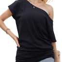 Teepie Off The Shoulder Tops for Women Short Sleeve Shirts Oversized Tshirts Date Night Flowy Boat Neck Tops XL