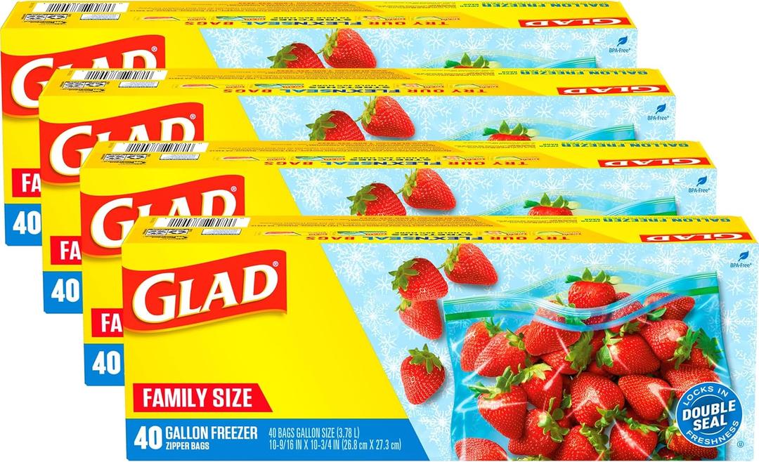 Glad Zipper Freezer Storage Plastic Bags, Gallon, 40 Count, Pack of 4  Glad Zipper Freezer Storage Plastic Bags, Gallon, 40 Count, Pack of 4