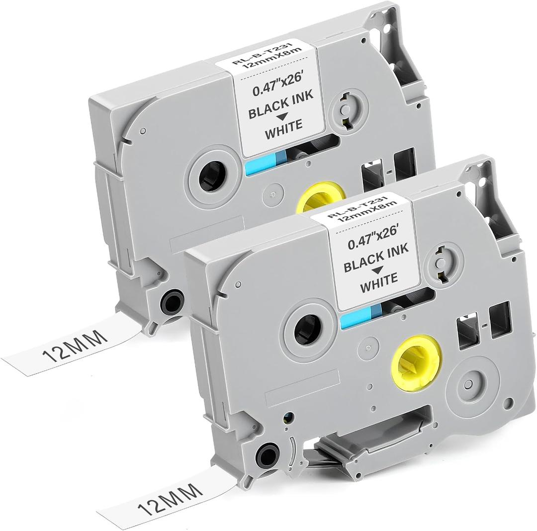 2Pack TZe-231 Label Maker Tape 12mm 0.47 Laminated White Replacement for Brother TZe231 P Touch Label Tape, Compatible with Brother PT-D210 PT-D220 PT-H110 PT-D400 PT-D600