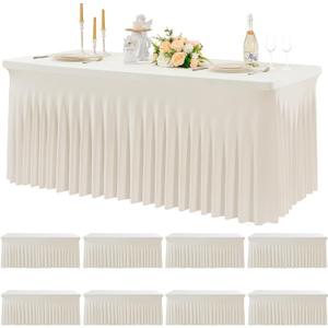 8pk Spandex Ivory Tablecloths for 6 Foot Rectangle Tables, Stretch Table Cloths 6ft Fitted Table Cover Desk Skirt for Parties Weddings Birthday Banquet Baby Shower