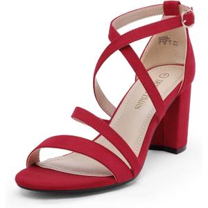 DREAM PAIRS Womens Ankle Strap Dress Pump Low Chunky Heel Sandals (9, Red/Suede)