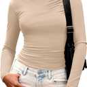 BTFBM Womens Tops 2025 Fall Clothes Long Sleeve T Shirts Boat Neck Ruched Slim Fit Casual Stretchy Going Out Outfits (Beige, S)