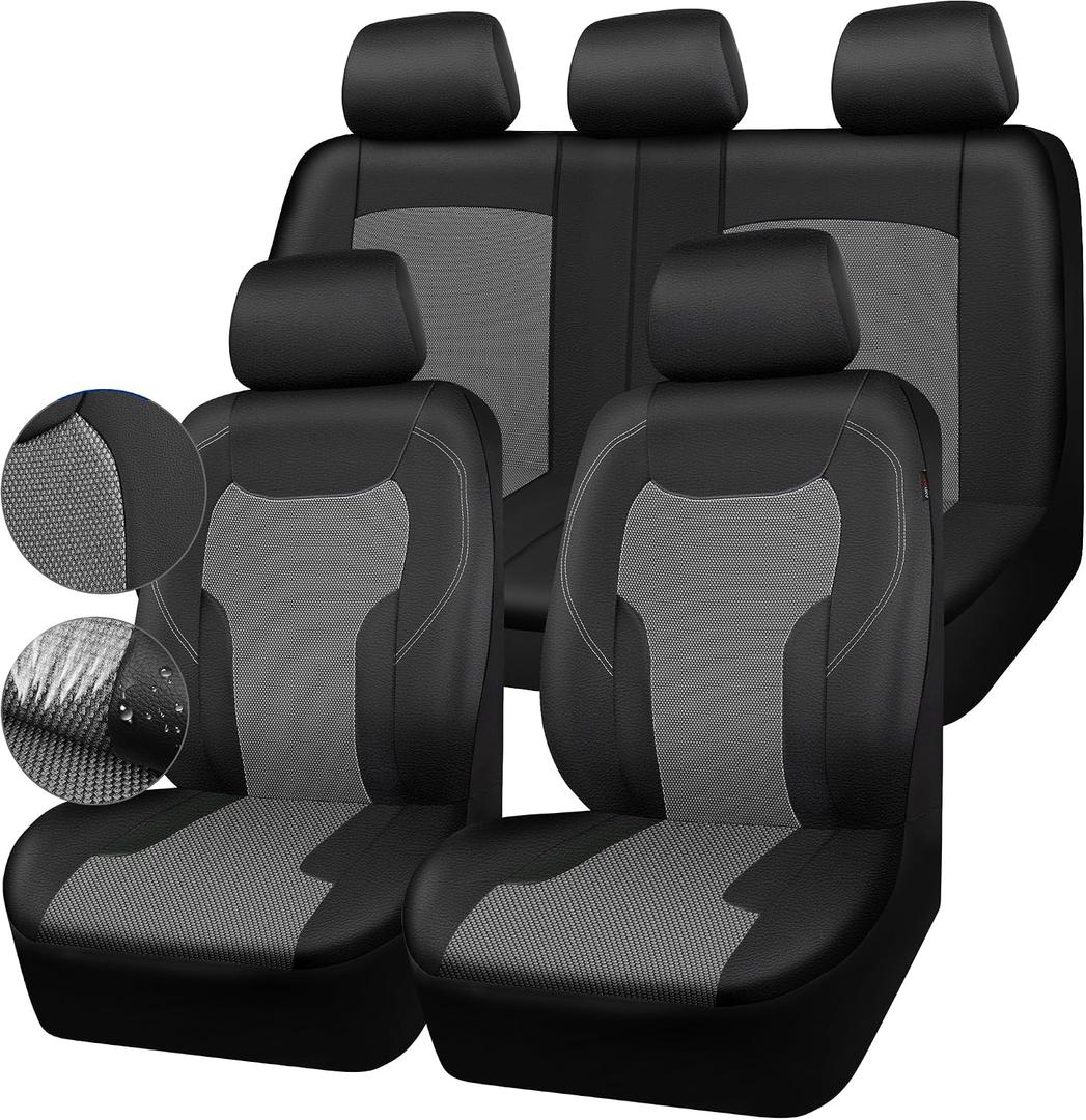 CAR-GRAND Breathable Air Mesh Car Seat Covers, Leather Car Seat Covers Full Set, Airbag Compatible Universal Fit Seat Covers Protector for Cars Trucks SUV Pick-up Sedan Interior (Black Grey)