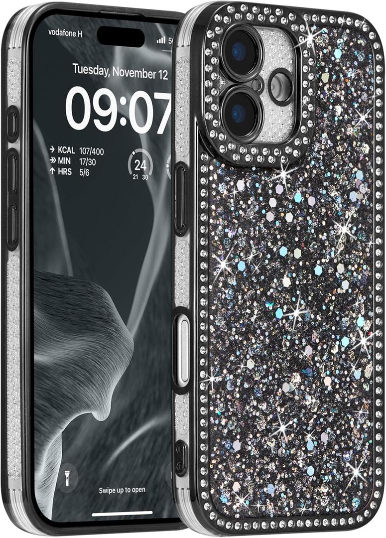 FABSPARK Case for iPhone 16,Glitter Crystal Diamond Rhinestones Sequin Shiny Bling Sparkly Glossy Luxury Electroplated Case,Aesthetic Cute Full Protection for iPhone 16,Black