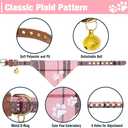 EXPAWLORER Puppy Collar and Leash Set - Embroidery Pawprints Plaid Dog Collar and Dog Leash Set, Bow Tie and Bandana Dog Collar with Bell, Collar and Leash for Dogs Cats Outdoor Walking, Pink S