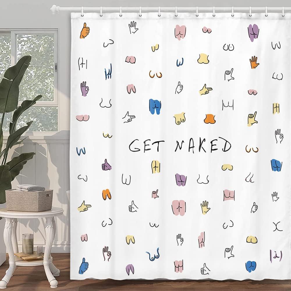 Funny Naked Shower Curtain for Bathroom, Human Body Butt Girl Woman Breast Boob Hand Set, Modern Abstract Art Minimalistic Aesthetic 70X70IN