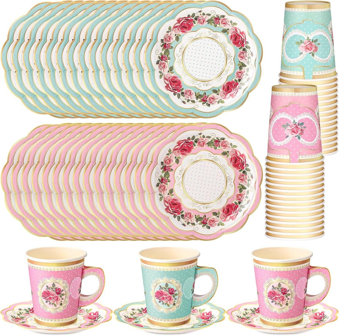 Domensi 60 Pieces Tea Party Decorations Include 30 Pcs 9 oz Paper Cups with Handle and 30 Pcs Tea Party Paper Plates Disposable Blossom Teacups and Saucers for wedding Favors(Assorted Style)