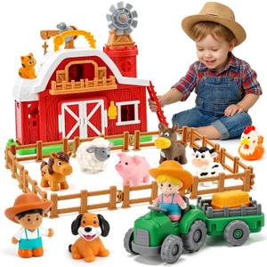Toddler Farm Toys for 2 3 Year Old-All-in-One Barn Toy Set with Farm Animal Figures for Toddlers,Tractor&Fence,Educational Montessori-style Play Sets with Light&Sounds,Pretend Play Gift for Boys Girls