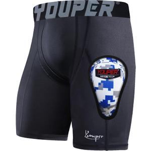 Youper Youth Boys Compression Shorts with Soft Protective Cup, Sliding Underwear for Baseball Football (Black, L)