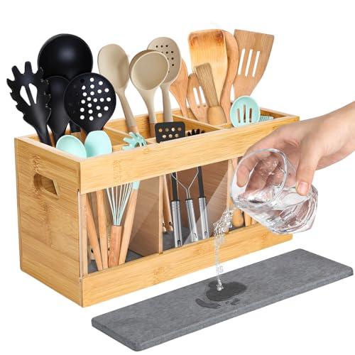 Bamboo Utensil Holder, 6 Compartments Wooden Utensil Holder for Kitchen Counter, Countertop Organizer with Absorbent Diatom Mud Board Mat, Kitchen Utensils Holder for Countertop Storage Decoration