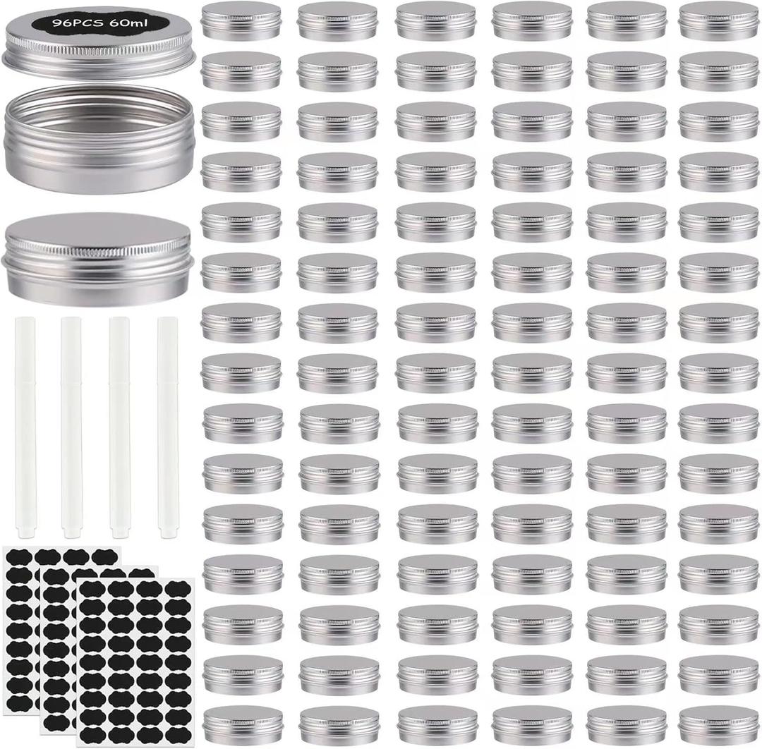 96 Pack Round Cans with Screw Lid 2 Oz Aluminum Metal Tins DIY Food Candle Containers for Lotion Bars, Balms, Salve, Spices, Beard Balm, Crafts with 4 Markers 3 Sheets Label Stickers (Silver)