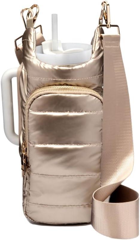 WanderFull HydroBag® HANDLE, Zipper for Handle, 40 oz Water Bottle Holder w/ Strap, Crossbody Water Bottle Carrier Bag w/ Phone Pocket, Tumbler Accessories - Gold Shiny w/ Vegan Leather Trimmed Strap