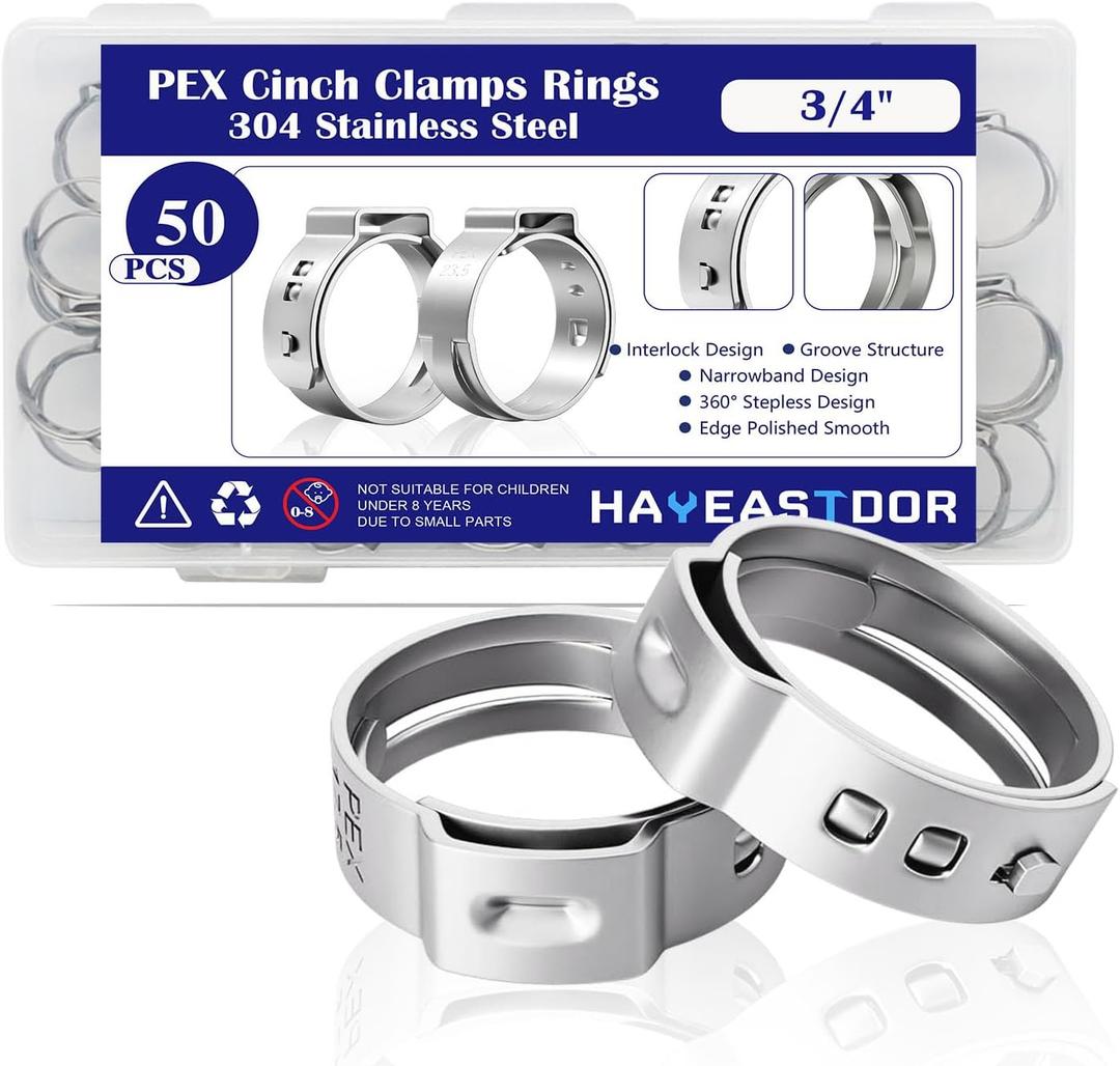 50PCS 3/4inch PEX Cinch Crimp Clamp Rings 304 Stainless Steel Single Ear Hose Clamps HE062-3/4