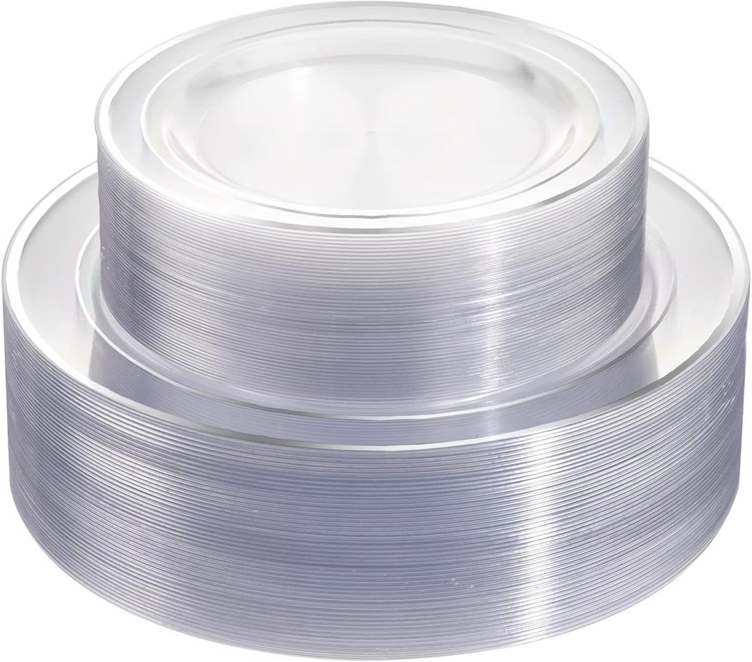 96 Pieces Clear Silver Plastic Plates, Clear Disposable Plates with Silver Rim Heavy Duty Fancy Wedding Party Plate Include 48 Dinner Plate 10.25" and 48 Dessert Appetizer Plate 7.5"