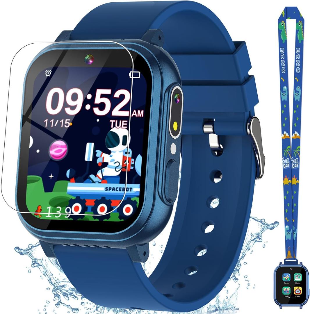 Waterproof Smart Watch for Kids with 32 Games Dual Camera, Habit Tracking, Alarm, Pedometer, HD Touchscreen with Protector, Kids Watch Toys for Boy Age 5-12 Christmas Birthday Gift Boys Girls(Blue)