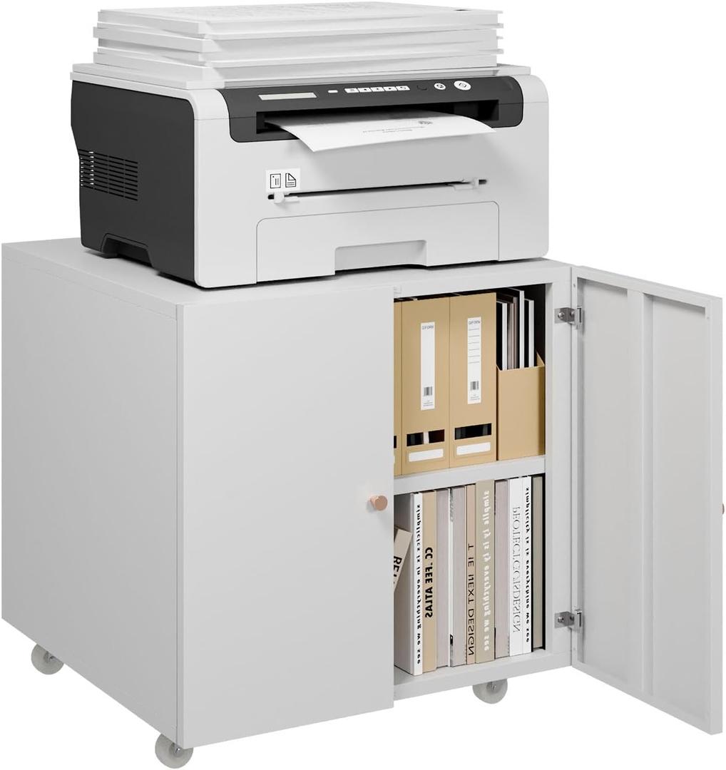 Metal Printer Stand, Large Printer Table with Wheels, Heavy Duty Printer Cabinet Stand, Printer Stand with Storage, Modern Printer Stands for Home Office, Copier, Computer, Fax (23.62"H, White)