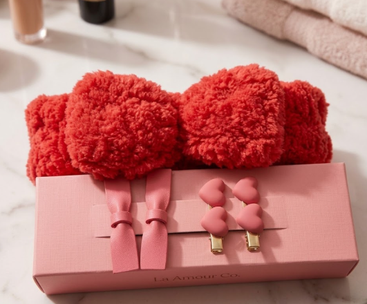 Bow Headband and Clips Set, Pink Heart, Pack of 3 