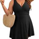 Charmo Women Plus Size Swimdress One Piece Swimsuit Ruched Tummy Control Bathing Suit Scalloped V Neck Flowy Swimwear 2X, Black 