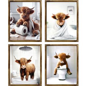 TWNSLLA Highland Cow Funny Bathroom Decor Wall Art, Bathroom Highland Cow Art Prints, Rustic Farmhouse Bathroom Wall Decor, Funny Bathroom Signs Animal Canvas Wall Art, UNFRAMED, 11x14inchx4pcs