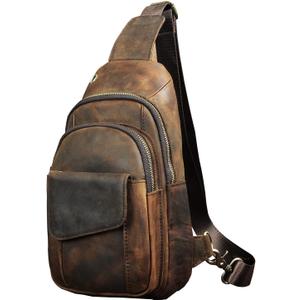 Le'aokuu Men Outdoor Casual Travel Hiking Tea Crossbody Chest Sling Bag Rig One Shoulder Strap Bag Backpack Men Leather