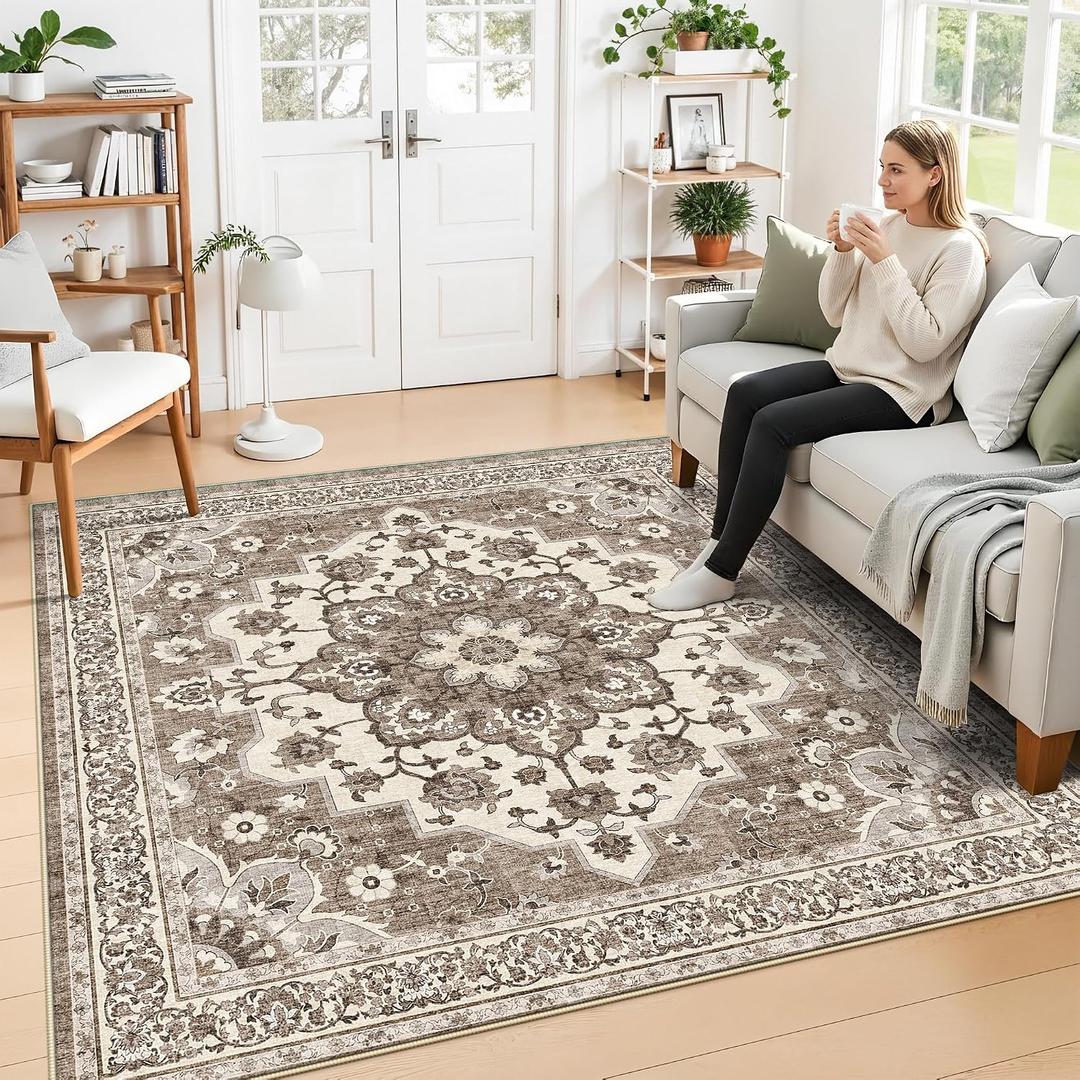 TOPRUUG Washable Oriental Area Rug - 8x8 Area Rugs for Living Room Bedroom Dining Room Under Kitchen Table - Non-Slip & Stain Resistance Rug for High Traffic Area (Beige, 8x8)