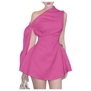 SOLY HUX Women's Mini Dress Off the Shoulder Sleeveless Tie Shoulder A Line Flared Party Dresses Plain HotPink X-Large