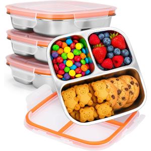 Palksky Snackle Box Container Stainless Steel, 4Pack Reusable Snack Bento Box with Lids, 3 Compartments Metal Food Storage Containers for Picnic, Travel