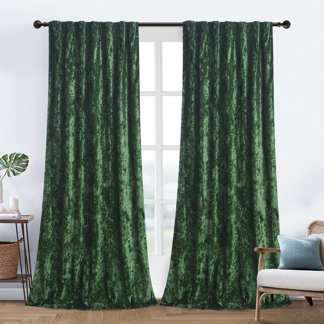 Lux Forest Green Crushed Velvet Curtains, 2 Panel Set, Room Darkening Distressed Velvet Back Tab Curtain, 52" W x 96" L for Living Room Bedroom Window Drapes