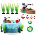 Simgoing 14 Pcs Fishing Cake Topper Decorations with Fishman Rod Float Seaweed Boat and Happy Birthday Sign for Men Fishermen Fish Themed Birthday Party Supplies