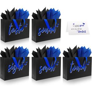 Epoesch 5 Senses Gift Bags for Him With Labels - Includes Tissue Paper & Greeting Card, Unique Birthday, ValentineS Day, Anniversary, Wedding Gifts for Boyfriend, Bf or Husband (Black with blue lettering)