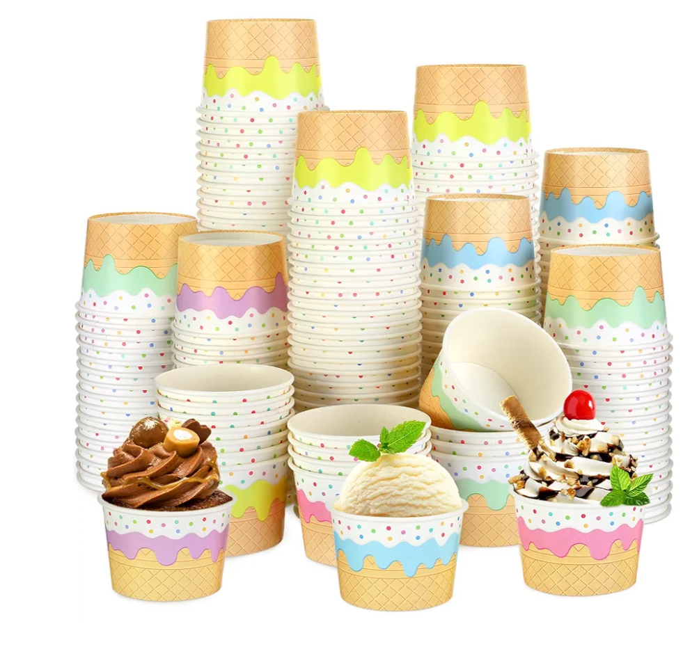 Panelee 100 Pcs Ice Cream Bowls 9 oz Ice Cream Cups Disposable Ice Cream Containers Sundae Bowls Paper Dessert Bowls for Summer Birthday Party Yogurt Soup Food Supplies (Ice Cream Style)
