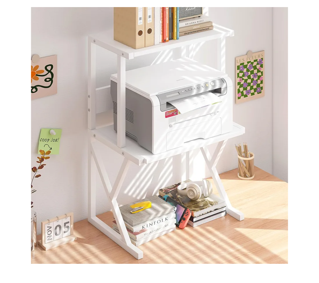 aboxoo Desktop Printer Stand with 3 Tier Wood Storage Shelves,Under Desk Printer Table,Multi-Purpose Home Office Desk Organizer for Fax Machine, Scanner (White)