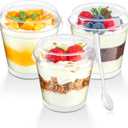 Qeirudu 50 Pack 6 oz Mini Dessert Cups with High Lids and Spoons, Small Plastic Cake Cups Round Shooter Cups for Serving Parfait Appetizer Pudding Fruit Ice Creams
