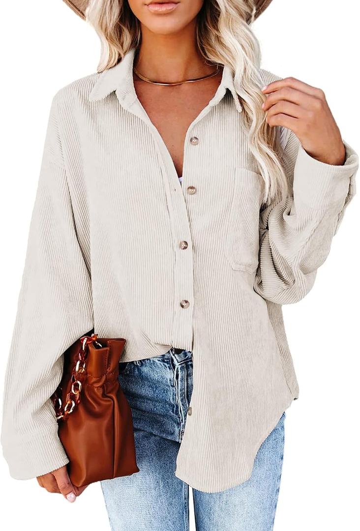 Astylish Women Corduroy Shirts Casual Long Sleeve Button Down Blouses Top (Medium, Beige)