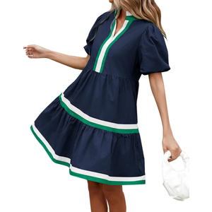 LifeShe Womens Puff Sleeve Babydoll Dress V Neck Navy Blue Striped Color Block Tiered Mini Dresses S