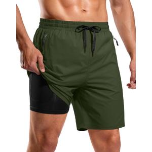 G Gradual Mens Swim Trunks with Compression Liner 7" Quick Dry Board Shorts Swimsuit Bathing Suit for Men with Zipper Pockets (Small, Olive)