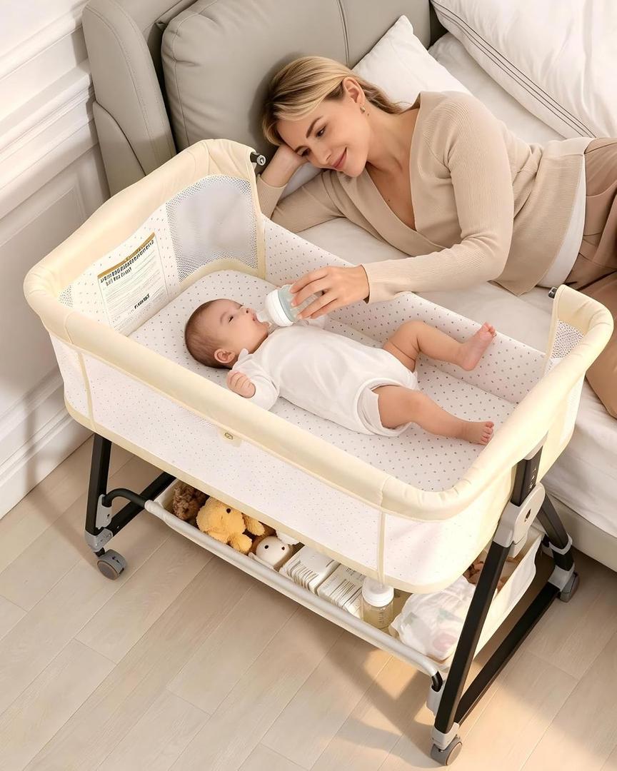 Baby Bassinets Bedside Sleeper with Wheels and Mattress, Cosleeping Baby Bed with Storage, Co-Sleeper Bassinet Attach to Bed, Bed Side Crib with Breathable Mesh, Height Adjustable (Beige), 35.4‘’L*21.7''W*28''-32.7''H