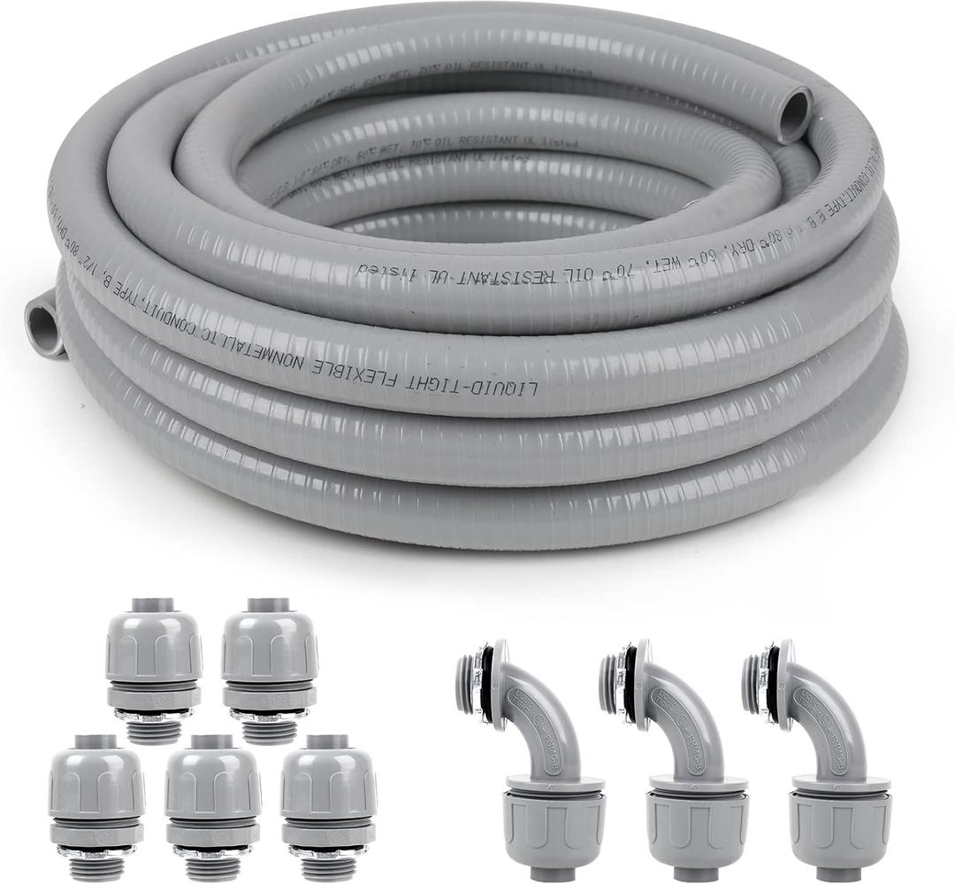 3/4inch 25ft Liquid-Tight Conduit and Connector Kit,Flexible Non-Metallic Liquid Tight Electrical Conduit Kit with 5 Straight and 3 90-Degree Connector Fittings,3/4 in. Dia