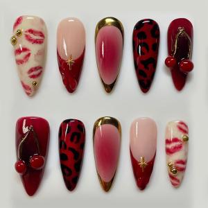 30Pcs Valentines Day Press on Nails Medium Almond QUNQINLI Red Fake Nails Blush False Nails with 3D Gold Pearl Cherry Lips Design French Tip Acrylic Nude Glue on Nails for Women Manicure Decoration