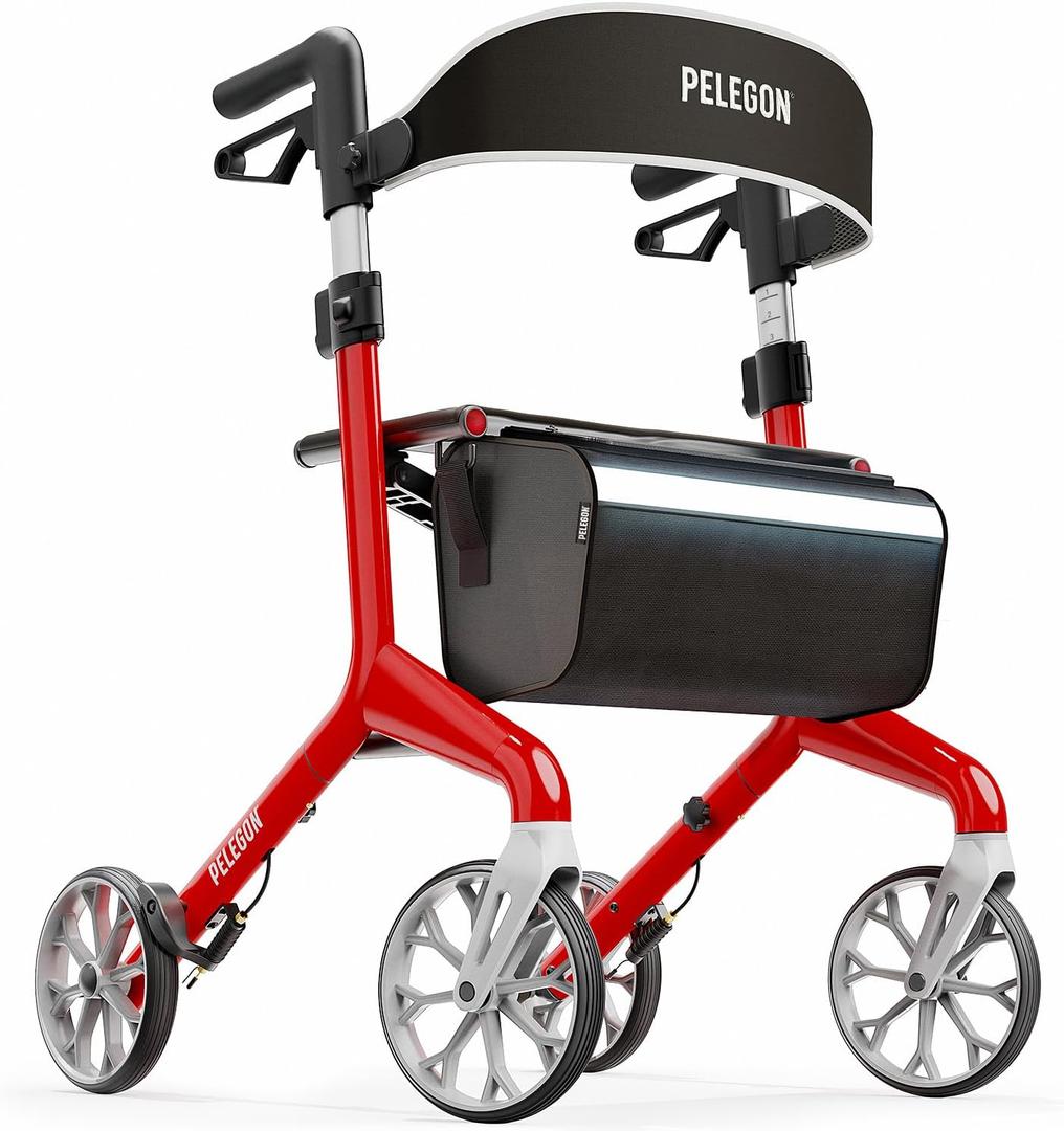 Pelegon Rollator Walker with Seat for Seniors Lightweight Foldable Walker with Padded Seat & Backrest, Adjustable Handles, Reflective Frame, Carry Bag Heavy-Duty 300lb Support - Red