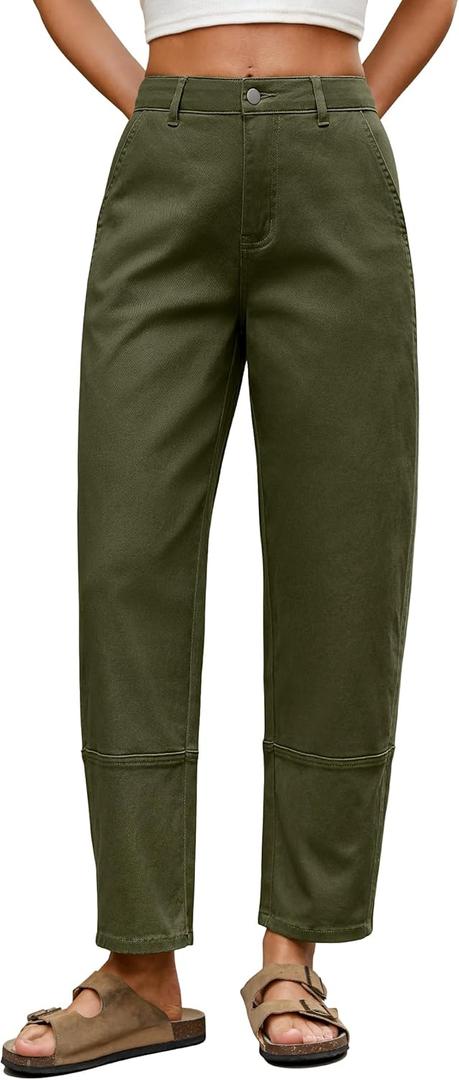 Eddoyee Harem Pants for Women, High Waisted Elastic Cropped Pants Ankle Length with Cargo Seam Layered Design (Small, Army Green)