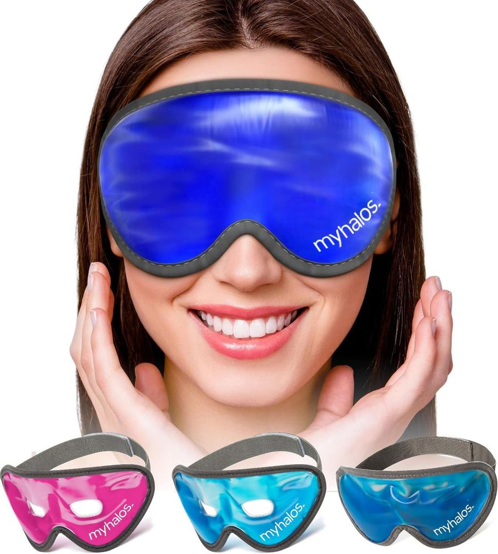 MyHalos Gel Eye Mask - Reusable Cold Eye Mask with Adjustable Straps- Our Soothing Eye Gel Mask Helps Puffy Eyes, Dark Circles and Hangovers - Our Eye Ice Pack Also Relieves Sinus Pain & Headaches (Grey)