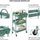 danpinera 3-Tier Rolling Cart, Utility Cart Mobile Metal Rolling Storage Cart with Lockable Wheels & Hanging Cups & Hooks for Kitchen, Bathroom, Office, Workshop, Green
