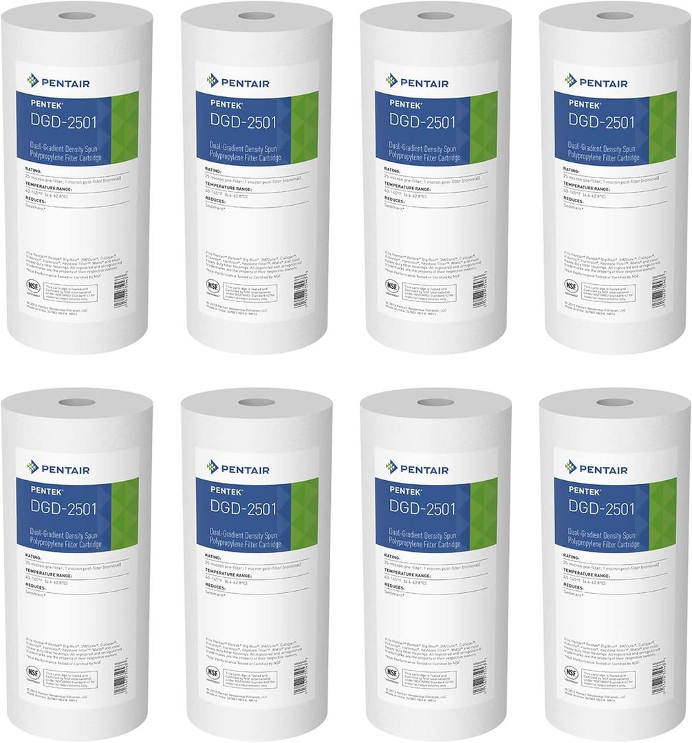 Pentair Pentek DGD-2501 Big Blue Water Filter, 10-Inch Whole House Sediment Filter Cartridge Replacement, Dual-Gradient Density Spun Polypropylene, 10" x 4.5", 1 Micron, Pack of 8