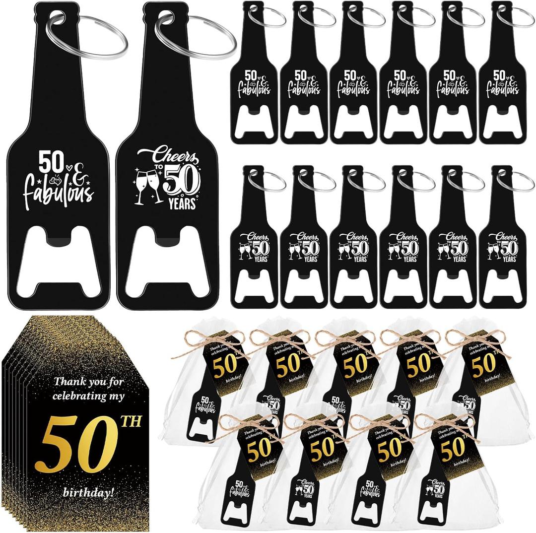 Maxcheck 50 Sets 50th Birthday Party Favors for Guests, 50th Bottle Opener Souvenirs Keychains Bulk with Thank You Cards and Organza Bags for Birthday Wedding Anniversary Souvenirs Gifts