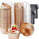 Foil Cupcake Liners with Lids Free-Air 3.5Oz Mini Muffin Liners Cupcake Baking Cups,Disposable Muffin Tins Cupcake Wrappers for Wedding Birthday Party, with Spoons-Champagne