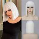 White Bob Wig With Bangs - Short Straight White Wigs for Women, 12inch Synthetic Bangs Wig with Flat Bangs, Natural Hair For Daily Party Halloween Cosplay Use